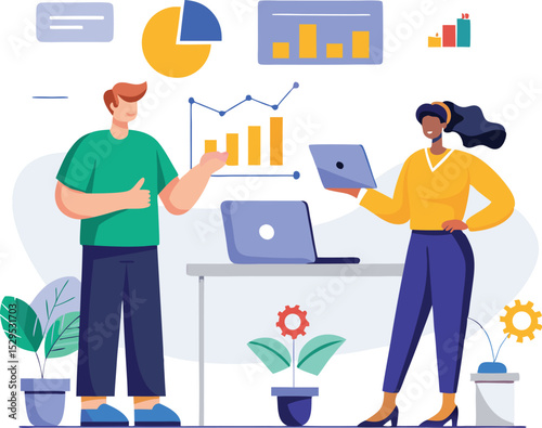 Business team analyzing data charts and graphs on laptops with digital dashboard analytics vector illustration flat design