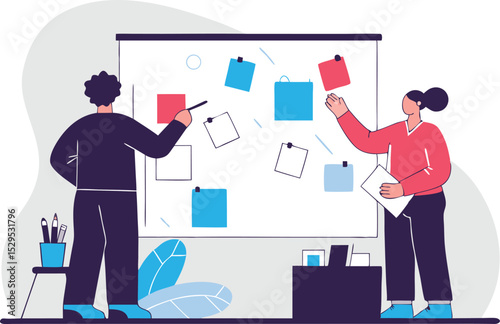 Business team collaboration planning strategy with sticky notes on whiteboard in modern office meeting room