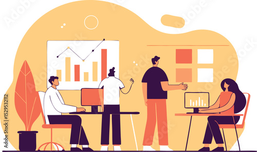 Business team meeting presentation office workers analyzing data charts graphs collaboration workplace teamwork vector illustration