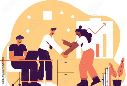 Happy diverse business team celebrating success in modern office workspace with colleagues cheering and high fiving together