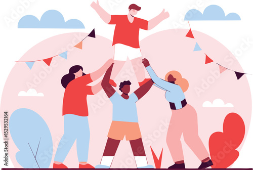 Happy diverse group of people celebrating success teamwork collaboration business vector illustration flat design style