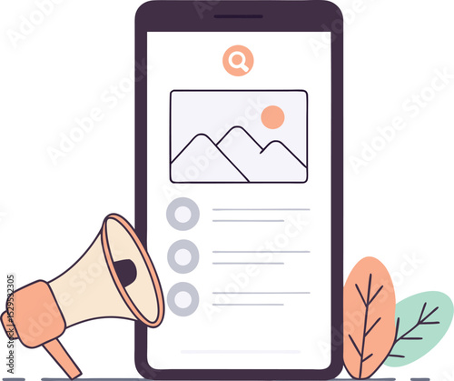Mobile phone with social media post and megaphone announcement digital marketing concept vector illustration flat design