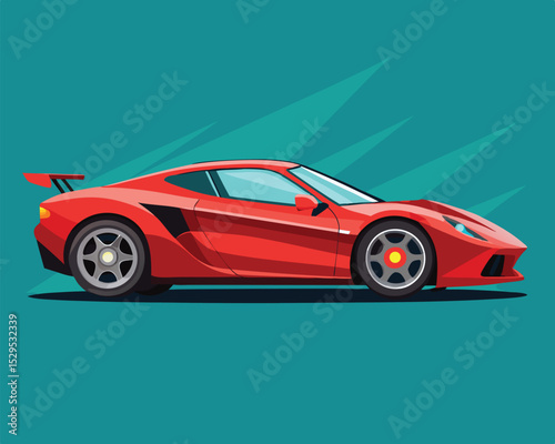 Red sports car side view vector illustration on teal background modern automotive design concept for racing and luxury vehicle