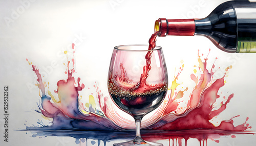Red wine pours gracefully from a bottle into a glass, surrounded by colorful watercolor splashes, creating a vibrant scene