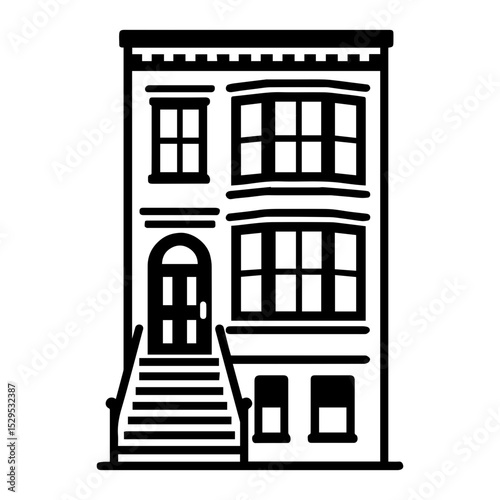 Brownstone house icon representing classic urban residential architecture with stoop and windows on transparent background
