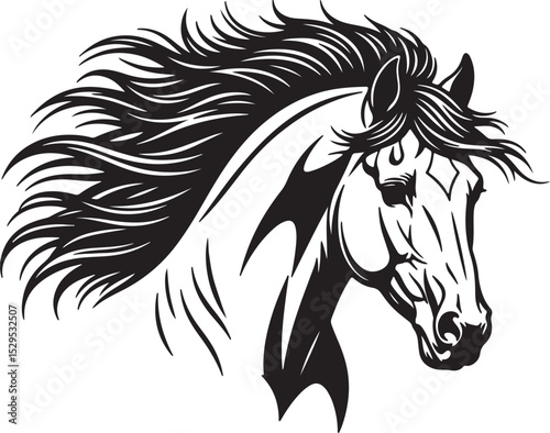 Majestic black and white horse head illustration