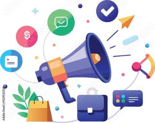Digital marketing megaphone with business icons social media communication concept vector illustration flat design style