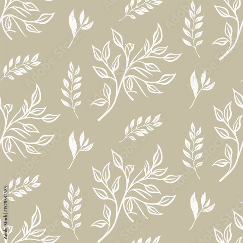 Delicate seamless pattern with various hand-drawn silver leaf branches on a beige background. A light and airy botanical design for elegant stationery and textiles.