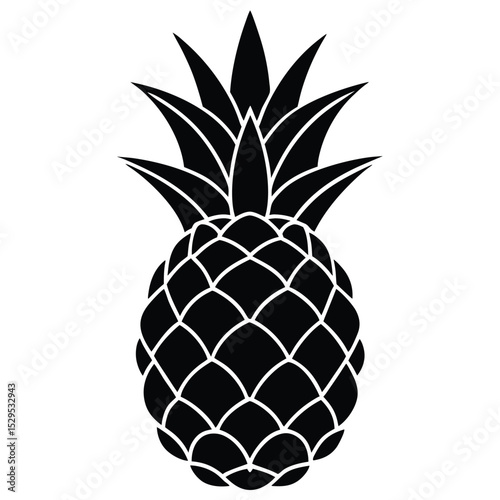 Black pineapple silhouette shows detailed crown and rind texture, creating bold tropical impression