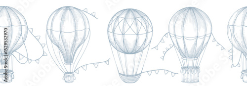 Vector illustration of border with flying hot air Balloons and bunting in vintage sketch style. Linear drawing with airships for baby shower invitations or children stationery designs. Blue etching.