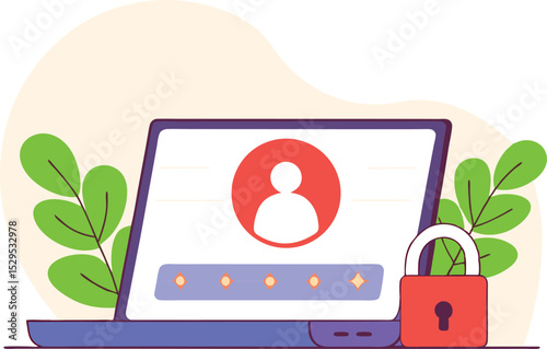 User account security login screen with password protection lock icon and green leaves background vector illustration