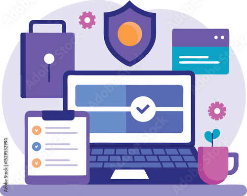 Cybersecurity data protection concept with laptop shield lock and security icons flat vector illustration