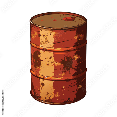 Rusty Metal Barrel Illustration, Industrial Container, Isolated Oil Drum on White