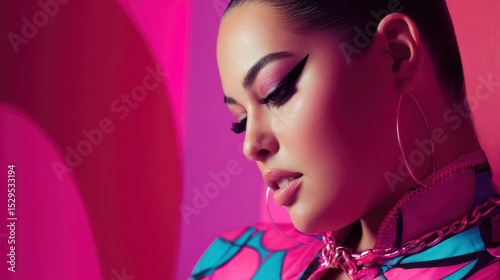 High-fashion portrait of a plus-size model with bold graphic eyeliner, neon pink outfit