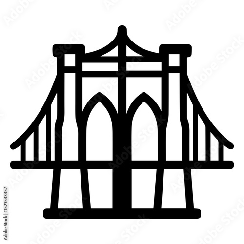 Brooklyn Bridge icon representing iconic suspension bridge with stone towers and cables on transparent background
