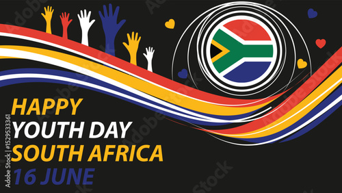 Happy Youth Day South Africa vector banner design with retro geometric shapes, hands icons, South African flag and colors, typography with tittle and date. Youth Day  South Africa modern poster.