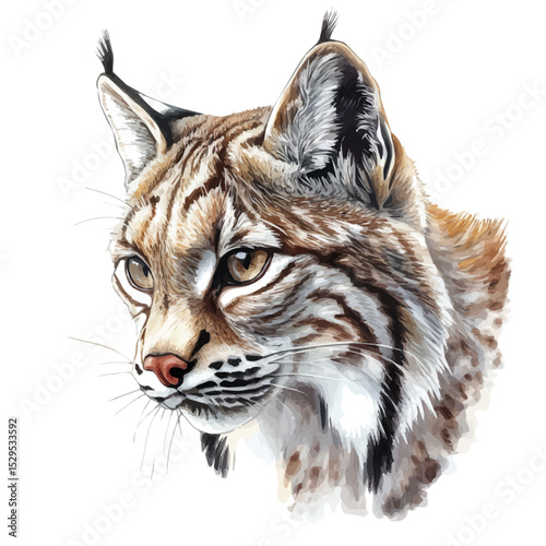 Bobcat Close Up, watercolor painting vector, high quality, isolated on a white background.