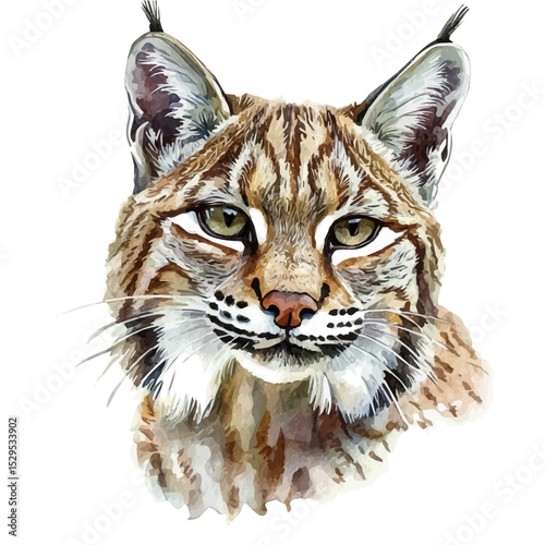 Bobcat Close Up, watercolor painting vector, high quality, isolated on a white background.