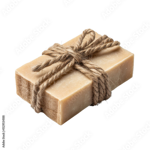 Natural Handmade Soap Bar Wrapped with Twine for Eco-Friendly and Rustic Bathroom Decor or Gift Ideas Transparent background or png