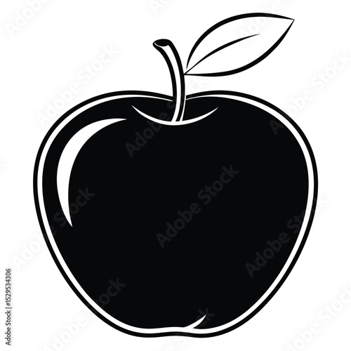 A simple black apple outline with a leaf and stem is presented on white