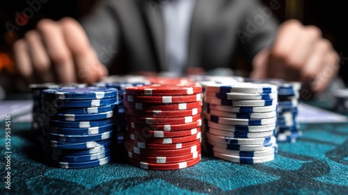 A person in a suit stacks red, white, and blue poker chips on a casino table, suggesting a high-stakes gambling scenario.