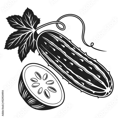 A black and white monochrome features sliced cucumber, leaf and tendril creating an elegant design