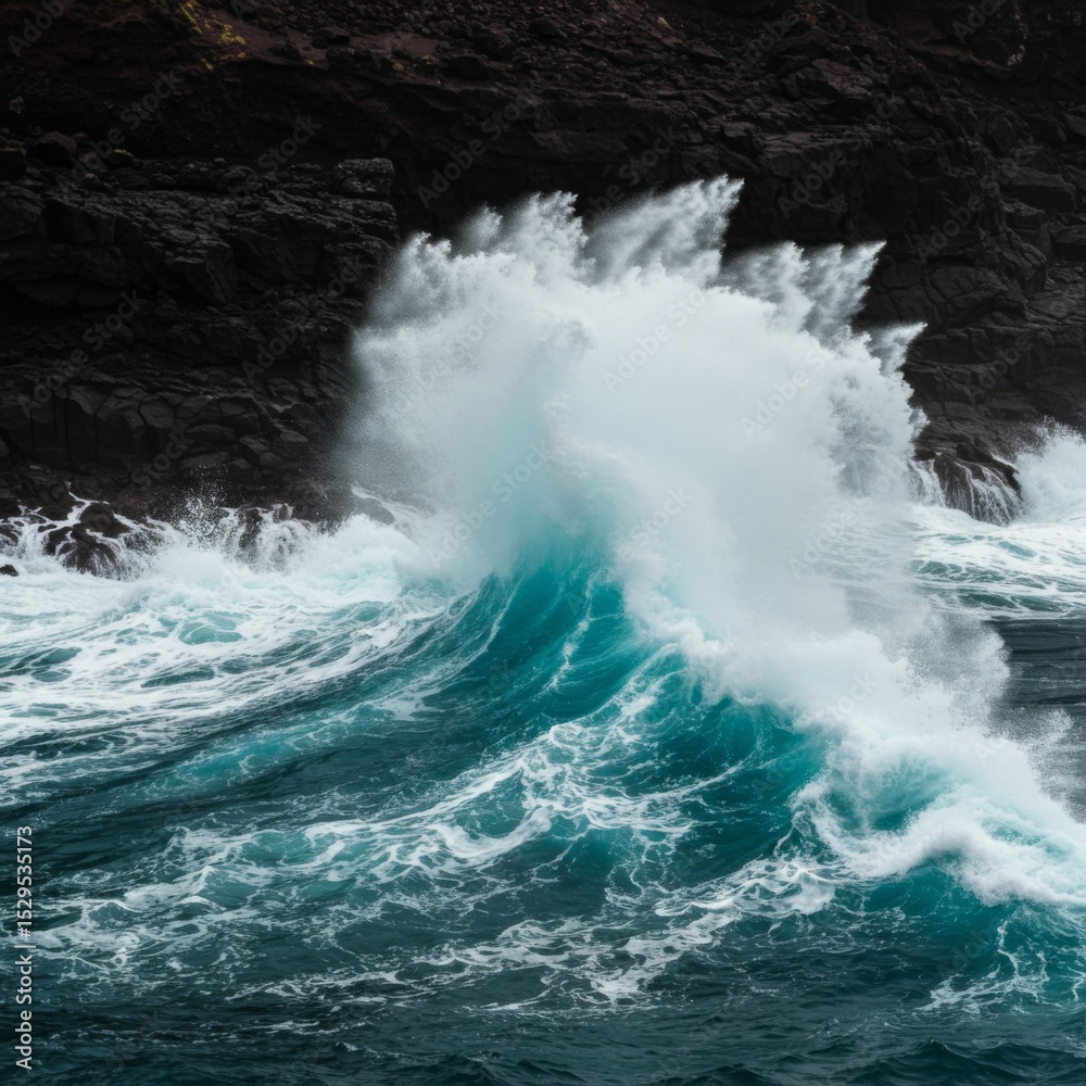 Fototapeta premium Powerful Teal Ocean Wave Crashing Against Dark Rocks