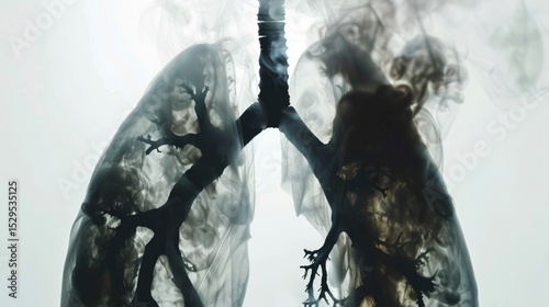 Conceptual burning lungs with fire and smoke showing respiratory disease and health damage background