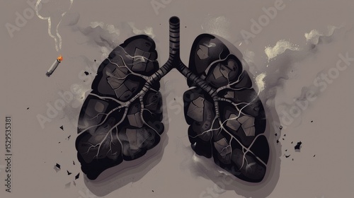 Conceptual burning lungs with fire and smoke showing respiratory disease and health damage background