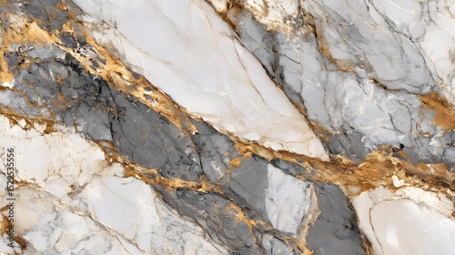 Close up view of a luxurious polished Calacatta Gold marble surface showcasing intricate dark grey and light grey veins with striking rust orange or ocher gold accents