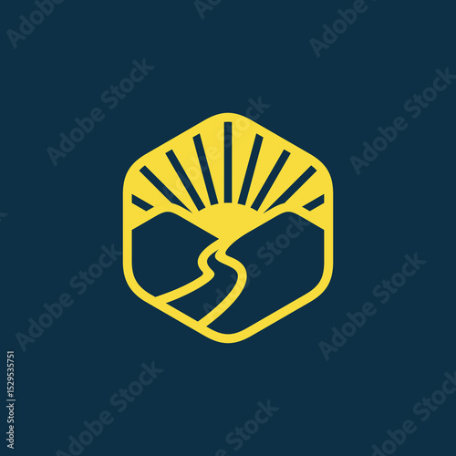 Mountain Lake Sunrise Hexagon Logo design vector illustration