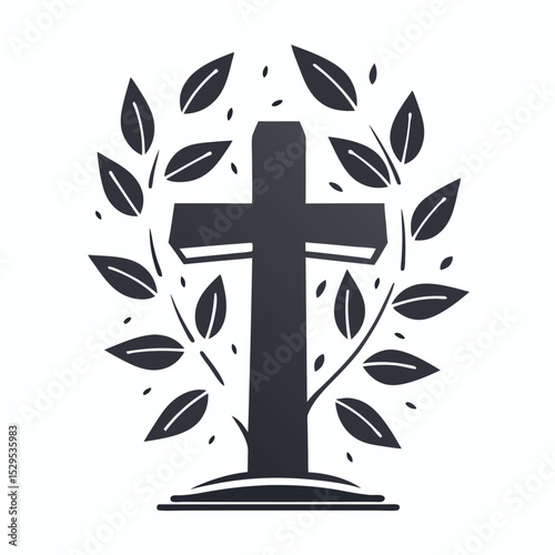 A silhouette of the Christian cross displays leaves growing around it in a peaceful manner