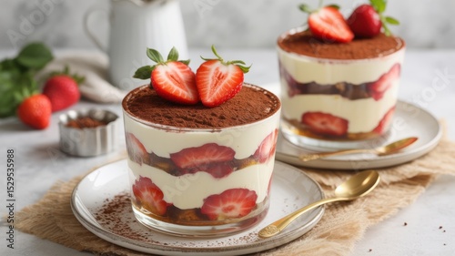 A serving of strawberry tiramisu in clear cups sprinkled with cinnamon. Fresh strawberries on top of cinnamon.
