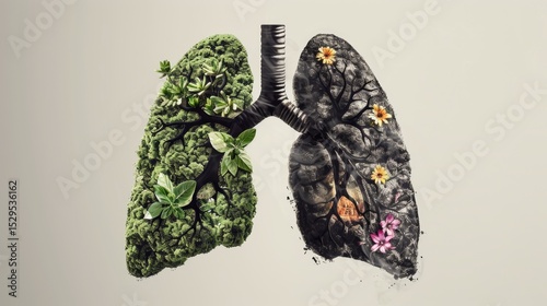 Conceptual human lungs with green flowers and polluted coal showing air quality contrast