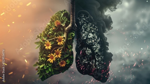 Conceptual human lungs with green flowers and polluted coal showing air quality contrast