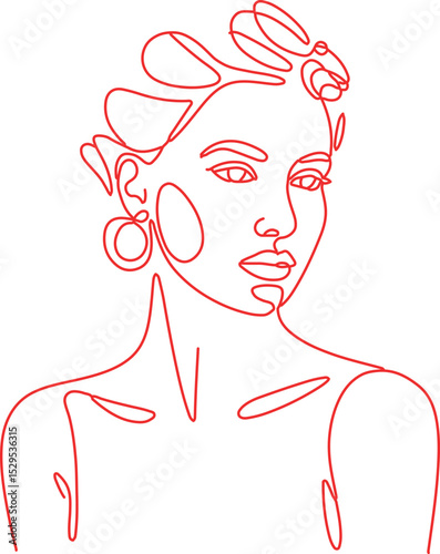 Elegant female portrait in line art drawing style, minimalist continuous line, red on white background