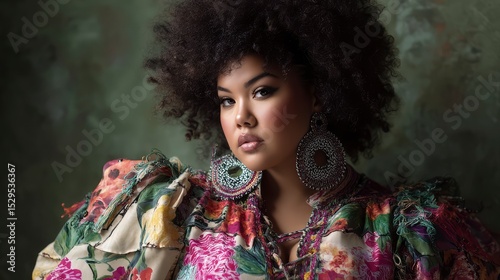 Portrait of a full-figured fashion model in a floral-print outfit, large earrings, afro hairstyle