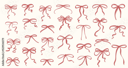 Vintage Coquette Bows in Hand-Drawn Whimsical Style Ribbon Set, Cute Flirtatious Bows Clipart Collection