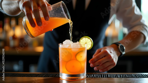 Bartender pouring citrus cocktail over ice