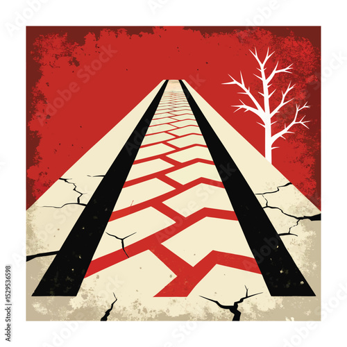 Cracked Earth Road: Graphic Illustration of Drought and Environmental Impact