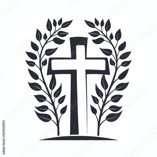 Silhouette cross symbol encircled by leaves and plants creates a striking religious image