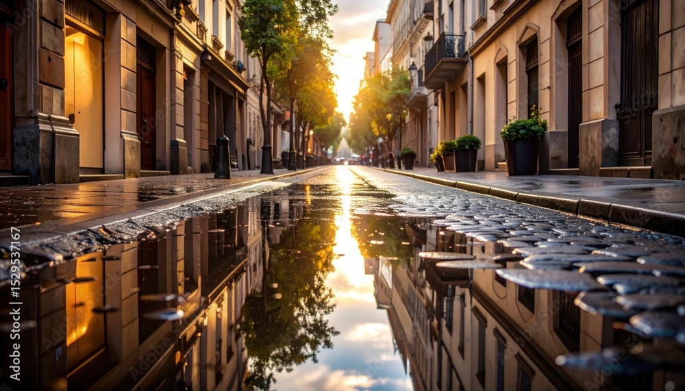 Fototapeta premium Urban landscape reflection on a puddle, old city architecture, sun rays