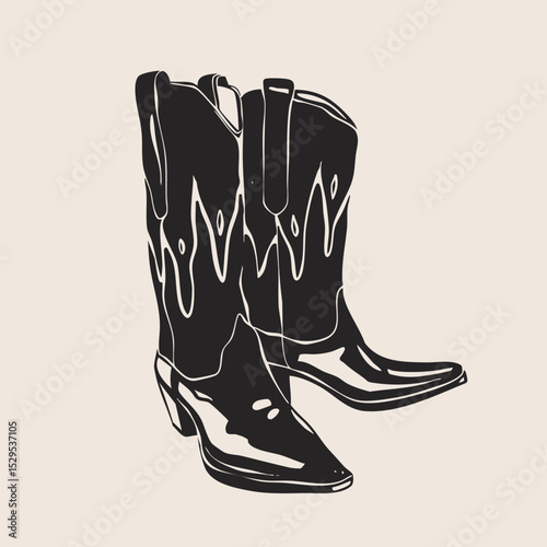 Cowboy boots with flame. Casual formal leather fancy footwear for women, men. Hand drawn modern Vector illustration. Trendy monochrome style. Isolated design element