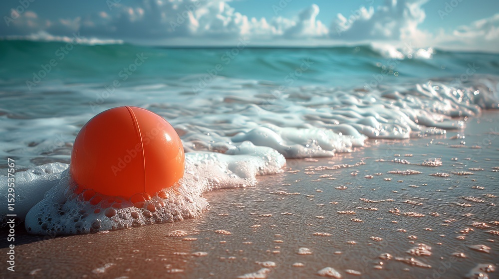 Obraz premium A vibrant orange buoy sits on a peaceful beach shoreline, accentuated by gentle waves, capturing the essence of coastal life and the tranquil beauty of nature's elements.