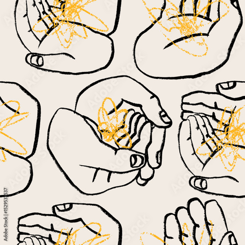 Human hands holding something. Abstract doodle sketchy shape lying in palms. Hand drawn modern Vector illustration. Care, support concept. Square seamless Pattern, background, wallpaper