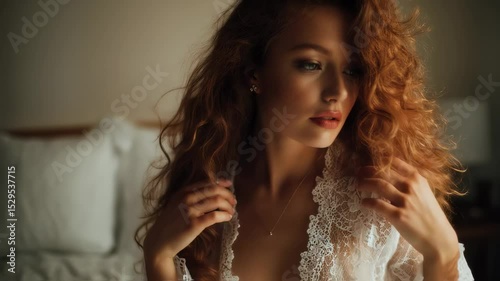 Elegant redhead with curly hair sitting on bed, gently adjusting white lace robe and revealing delicate decollete in soft morning light