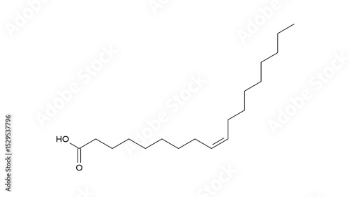 oleic acid molecule, structural chemical formula, ball-and-stick model, isolated image monounsaturated fatty acid
