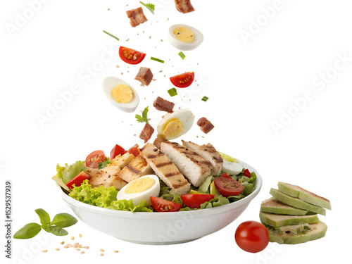 Healthy grilled chicken salad with fresh vegetables and toppings in a modern presentation during the day