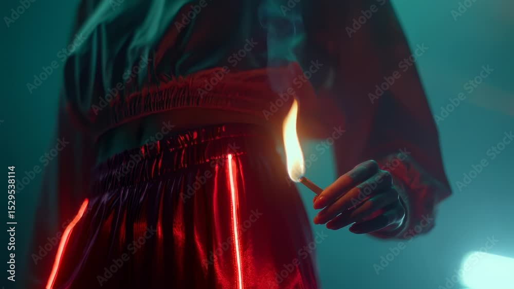 Neon lit scene revealing woman wearing vibrant red futuristic outfit, dramatically holding burning match against dark background, creating intense atmospheric mood