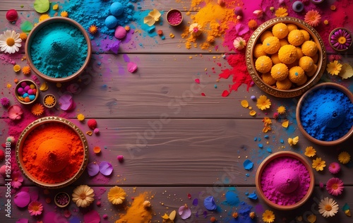 Vibrant Holi Colors and Sweets on Wooden Background. An overhead view of colorful Holi powders, sweets, and flowers arranged on a rustic wooden surface.